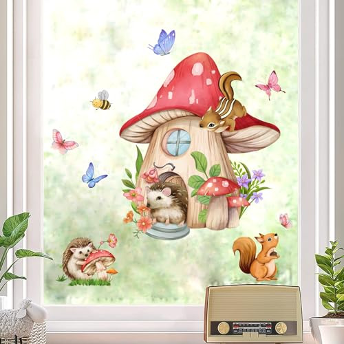 WandSticker4U®- Fensterbilder Kinder Tiere PILZHAUS selbstklebend (56x42 cm) I Fenstersticker Kinder Tiere im Wald I Fensteraufkleber Fensterdeko Kinderzimmer Mädchen Junge Baby Frühling Sommer