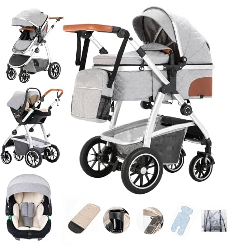 Gcarebb Passeggino 3 in 1, Passeggini Cittadine Con Seggiolino Auto, Passeggino con manubrio regolabile in altezza, Passeggini Combinato Paesaggio Alto Telaio in Alluminio Per Neonato 0-4 anni