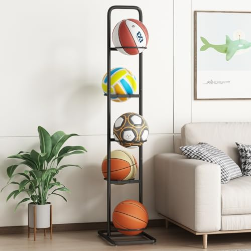 MLUPODY Soporte para Balones – Estante Vertical Universal de 5 Niveles en Acero al Carbono para Baloncesto, Fútbol, Rugby y Voleibol – Altura 144 cm, Negro