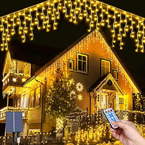 Hulaiyaa Solare Eiszapfen Lichter, 6M Solar Lichterkette Weihnachtsbeleuchtung mit Fernbedienung, 264LEDs Wasserdicht Solar Lichterkette Deko für den Courtyard Garden Street Park