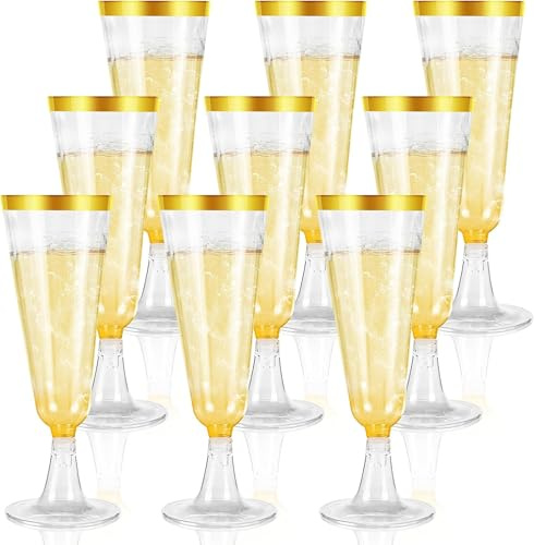 Champagneglas i plast, champagneglas, engångsglas, 150 ml/5,5 oz vinglas, prosecco-flöjtglas i plast, återanvändbara, flöjtglas i plast för fest, bröllop, födelsedagar (25-guld)