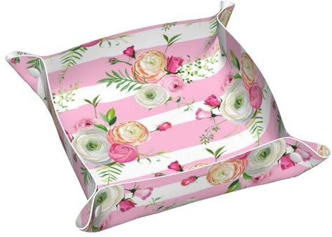 InOmak Fiori Strisce Rosa, Vassoio portaoggetti in pelle Organizzatore di gioielli Vassoio raccoglitore da tavolo, Piastra organizer per comò,S