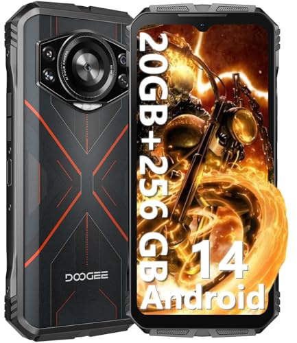 DOOGEE S Cyber Téléphone Portable Incassable Android 14, 10800mAh, 20Go+256Go/1To, Smartphone Incassable 6.58 Pouces FHD+ Écran 50MP AI Caméra, Double SIM/Octa Core/IP68/IP69K/NFC/GPS/OTG, Noir Rouge