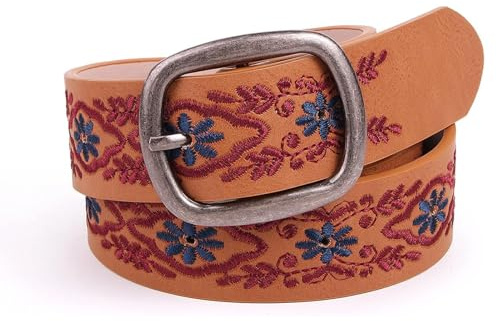 AGUTALITHIC Vintage Bunt Damen Blumenmuster-Gürtel Bestickter Jeansgürtel 3,5cm Breit Taillenumfang, Elegantes Und Modisches Accessoire Für Jedes Outfit(95cm/Waist:30~32, Brown)