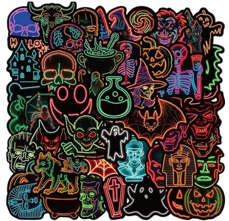 Neon Halloween-klistermärken, Halloween-klistermärken neon – 50 x läskiga