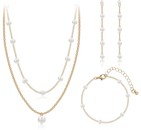 AILUOR Perlen schmuck Set für Frauen, 14K Gold plattiert Perlenkette und Ohrring Set zierliche Perle Tropfen Halskette baumeln Ohrringe Armband Hochzeit Schmuck für Braut