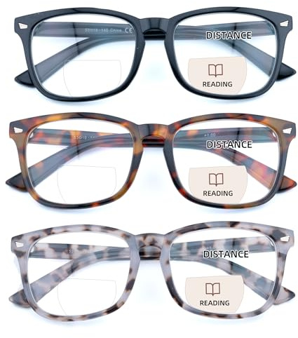 FEIVSN 3 Pack Bifocal Reading Glasses for Women Men Bi-focal Readers PC Frame Fixed Hinge Dual Focal Clear Top Eyewear,+1.50