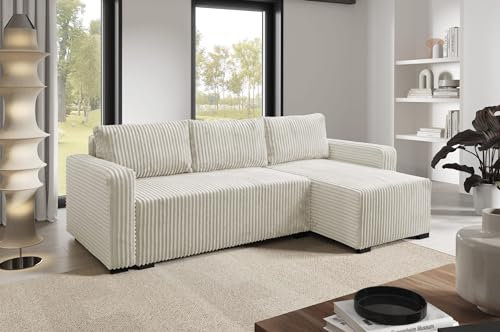 LIKMA Cremme Ecksofa Cord Tilia 232x145 cm mit Schlaffunktion (200x140 cm) Eckcouch mit Bettkasten Wohnlandschaft mit Bettkasten Cord Bettsofa mit Stauraum Polstermöbel Sofa 3 Sitzer