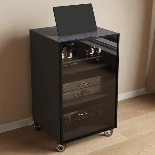 JIAOCKJIAO Phonoschrank, Beweglicher Audio Rack Hi Fi Regal, Record Player Stand mit Glastür, Hi Fi Rack mit Kabellöchern, Moderner TV-Schrank mit Verstellbaren Regalen(Gray,3 Tier 55x45x80CM)