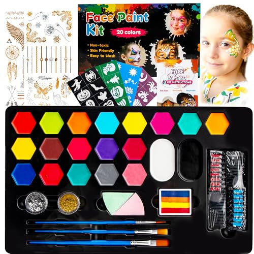 Kit di pittura facciale per bambini- Kit di pittura facciale a 20 colori,kit di pittura facciale professionale che include gessetti per capelli,stencil,tatuaggi- Kit di trucco per Halloween e Natale