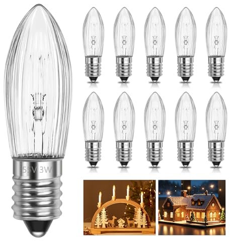 SCNNC Candle Light Bulbs E10 55V 3W, Candle Arch Bridge Bulb Replacement Warm White 2700K, E10 Tapered Candle MES Spare Christmas Bulb for Candle Bridge Arch Fairy Lights Candlestick, Pack of 10