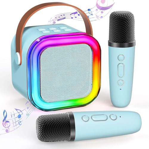 Karaoke Maschine Kinder, Mini Karaoke Maschine mit 2 Bluetooth Mikrofon, Tragbarer Bluetooth-Lautsprecher mit Stimmeffekten & LED-Lichtern Geschenke Spielzeug 3-12 Jahre für Mädchen und Jungen (Blau)