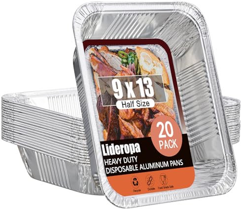 Lideropa Half Size Aluminum Pans - 20 Pack 9x13 Inch Aluminum Foil Pans, Heavy Duty Disposable Aluminum Pans for Cooking, Storing, Prepping, and Freezing Food