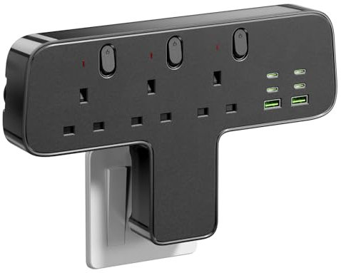Banaplo Multi Plug Adaptor, 9-IN-1 Plug Extension Socket 3 Way 6 USB(3.8A,4 Type-C), 13A 3250W Plug Adapter UK, Wall Plug Extender with Independent Switches for Home Office Kitchen(Black)