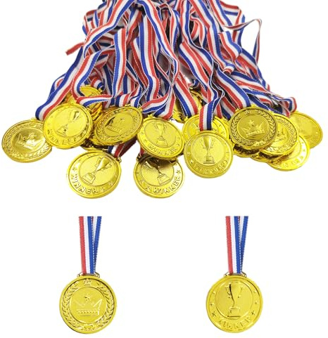 Pemalin 30 Pcs Gold Winner Medals Bulk for Kids, Trophy Team Prize Gifts, Children's Plastic Golden Awards Medals with Neck Ribbon for Sports, Games Competitions, Party Favors and Decorations