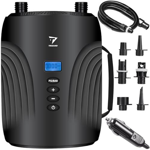 Trizand Sup Pumpe Elektrisch 12V, 110 W - 20 PSI / 1,38 BAR Luftpumpe mit LCD - Sup Zubehör mit 6 Aufsätze Kompakt, Mobil - Aufpumpen & Luftabsaugung für SUP, Kajak und Schlauchboot