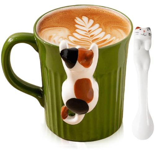Tasse chat de style japonais - Tasse mignonne - Personnalisable - Avec cuillère suspendue - Cadeau pour femmes, hommes, amoureux des chats, enfants - 350 ml (chat tricolore)