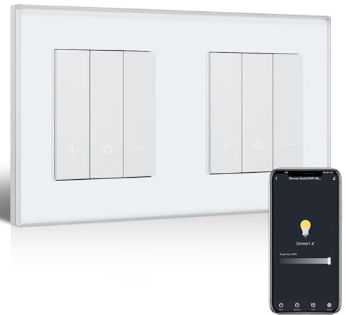 BSEED Doppel WiFi Dimmer Schalter,1 Fach 1 Weg Smart Dimmschalter,Kompatibel mit Amazon Alexa & Google Home,Lichtschalter Dimmbar für led lampen 240V Weiß(Neutralleiter Erforderlich)