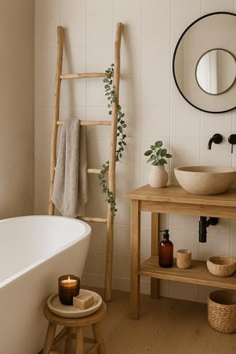 Biscottini Scaletta porta asciugamani bagno 148x36x3 - Scala Decorativa in Legno - Scaletta legno appendi asciugamani - Scala portasciugamani - Portasciugamani da parete Metallo, Bambu