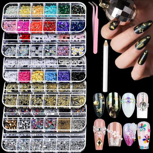 Conjunto de Arte de Uñas de 6 Cajas Súper Valor, Más de 10000+ Pedrería, Purpurina, Flores 3D, Perlas y Dijes de Metal, Suministros Profesionales para Técnicos de Uñas para Manicura DIY