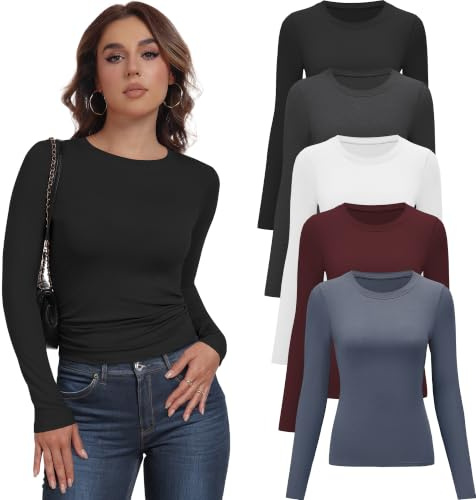 YOIOWVY Tshirt Manches Longues Femme Haut Basique Col Rond Moulant Tee 5Pcs