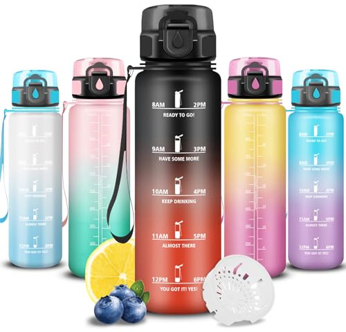 Trinkflasche 1l, Wasserflasche Sport, Trinkflasche Kohlensäure Geeignet, Wasserflasche Auslaufsicher, mit Zeitmarkierung, Leicht zu Reinigen, Sportflasche für Fahhrad, Schule, Büro, Camping, Outdoor