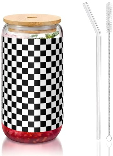 YBGHDAA 1 vaso con tapa y pajita, diseño de rayas blancas y negras, ideal para whisky, cerveza, té