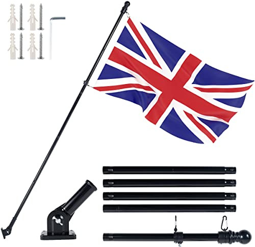 6FT Flag Pole Kit for Garden Metal Flagpole,Mounting Bracket Stainless Steel and Aluminum Alloy Flags Poles for House Garden Yard Outdoor Fence Roof Walls,with 2 Flag Rings (Black - 0.45cm thick)