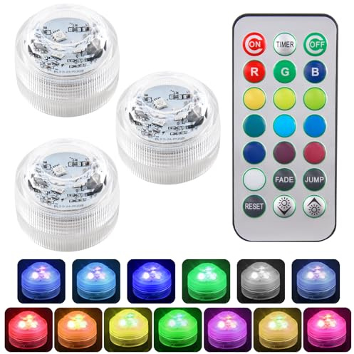 3 mini luci a LED sommergibili con telecomando, impermeabili, RGB che cambiano colore, per stagni, fontane, acquari, piscine, decorazioni da giardino, luci a batteria per stagni e decorazioni per