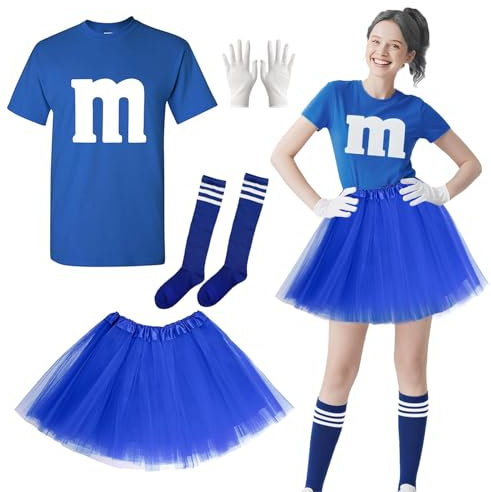 Costume de carnaval pour femme, T-shirt imprimé M avec gants tutu et chaussettes rayées, M Costume de carnaval de groupe imprimé, pour les Carnavals,Carnavals et Soirées à Thème,Halloween (Bleu, M)