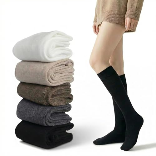 Sophisticate 5 Pares Calcetines Hasta la Rodilla de Algodón para Mujer,Calcetines Cálidos de Terciopelo Largos Térmicos,Adecuado para Todas Las Estaciones para Senderismo Uso Diario Invierno