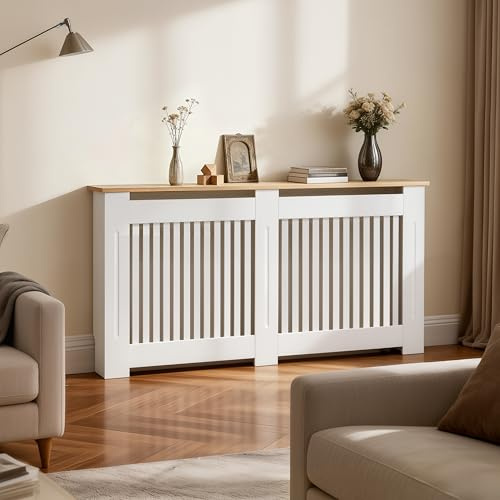 FATIVO Cubre Radiadores Blanco: 152x20x83cm con Estante de Veta de Madera