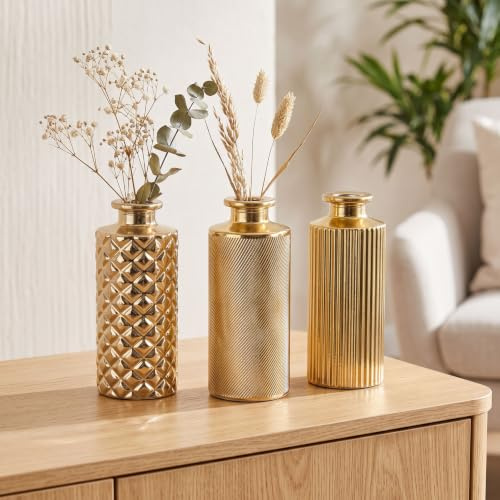 levandeo Uppsättning av 3 vas H 13 cm guld glas blomvas bordsdekoration vår blomdekoration glasvas dekorativ vas metallisk art deco