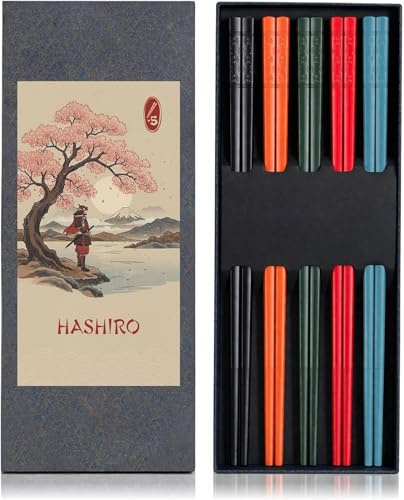 Japanische Essstäbchen, 5 Paar aus Fiberglas, 24 cm, Mehrfarbig | Wiederverwendbar, spülmaschinenfest und rutschfest – buntes Kirschblüten-Design für Sushi, Ramen und asiatische Küche