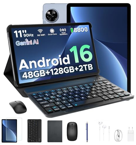 P11 Android 16 Tablet 11 Pulgadas, 48GB RAM + 128GB ROM/2TB TF, 90Hz, T7250 Octa-Core, 8800mAh, 13MP+5MP, Gemini AI, Widevine L1, Face ID, GPS, OTG, Doble altavoz, Tablet con Teclado y Lápiz, Gris