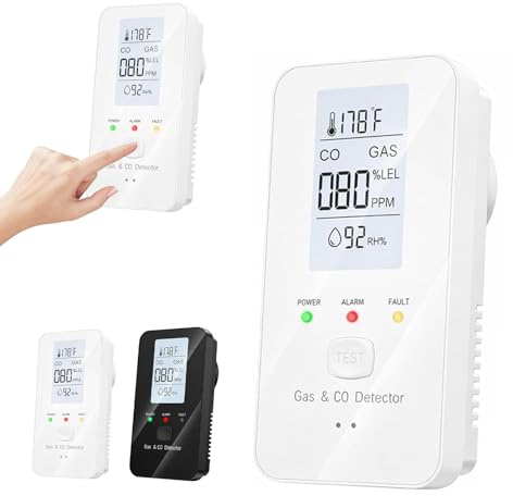 4-in-1 Gas Detector with LCD Screen - Plug-in Carbon Monoxide & Combustible Gas Alarm, Measures Temperature & Humidity, for Home, Apartment, Hotel, Camping RV (white)