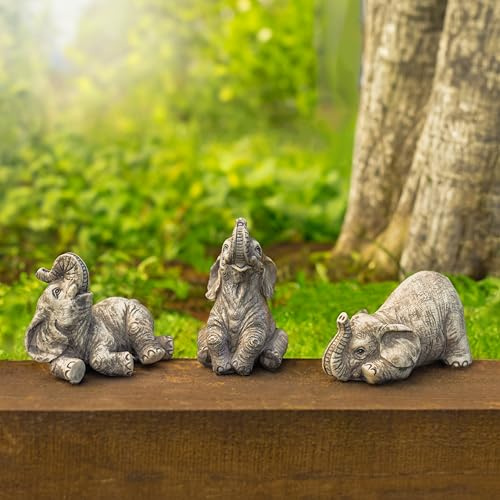 Garden Mile 3pc Garden Ornaments Outdoor Elephants Resin Statue Hand Painted Weatherproof Sculpture for Pond, Patio, Garden, Living Room, Bedroom, Shelf Decoration, Indoor and Outdoor
