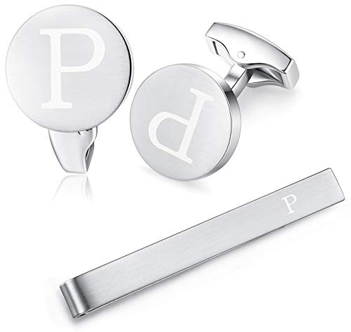 HONEY BEAR manschettenknöpfe & krawattennadel Set Initialen Buchstabe Herren Edelstahl Hochzeit Cufflinks Manschettenknopf Silber，A-Z,MEHRWEG (P)