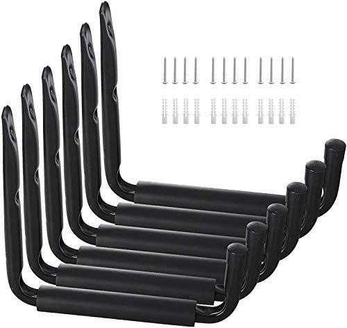 Wandhaken Garage Leiter Haken, Storage Hanger Organizer für Kajaks Leiter Fahrrad Kanu Klappstühle Montagehaken-Set mit Polsterung für Schutz, Tragkraft 45 kg, 6 Stück Schwarz/Grau (Schwarz)