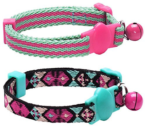 Anjing Katzen-Halsband, geometrisches Design, verstellbar, mit Abreißverschluss, warme und helle Farben, mit Glöckchen, 2 Stück