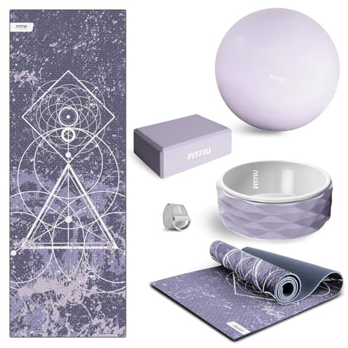 Fitfiu Fitness KITWELL-500 Pack de 5 Accessoires Yoga Pilates Couleur Lila avec Tapis, Bloc, Roue, Sangle et Balle Inclut Guide d’Exercices Wellness