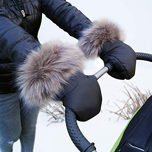 Baby-Joy Kinderwagen-Handschuhe mit Kunstfell, Wetterfeste Handwärmer mit Magnetverschluss, 2 Stück | Farbe: 01 Braun