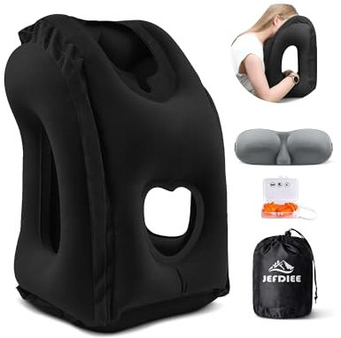 JefDiee Aufblasbare Nackenkissen Flugzeug Reise, Tragbare Reisekissen, Nackenstützkissen Bequem Unterstützt Kopf und Kinn, Kissen für Züge, Autos, Büro, Haus, mit 3D-Augenmaske, Ohrstöpsel (Schwarz)