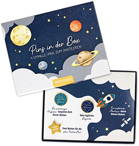 Papierdrachen Geschenkset zum Geburtstag oder zur Einschulung - Mitgebsel in hochwertiger Geschenkschachtel - Astronaut - mit motivierenden Anstecknadeln für Kinder - Set 3