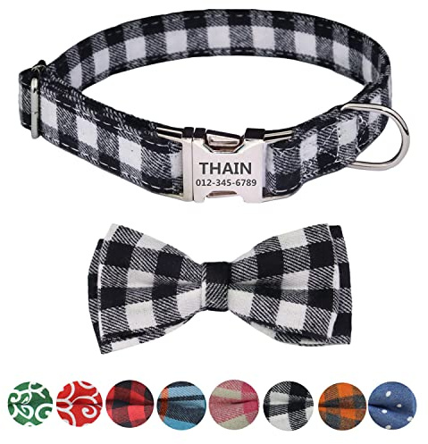THAIN Hundehalsband, personalisierbar für männliche Hündinnen, Kariertes Muster, gravierte Haustierhalsbänder mit Namen, personalisierbare Metallschnalle (L, weiß kariert)