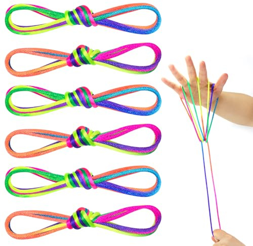 6 STK. Katzenwiege-Schnur, 65 Zoll Lange Bunte Regenbogen-Fingerschlaufe | Chinesisches Fingerspielzeug für Geburtstagsgeschenk, Familienspielabend, Schul-Gruppenspiele und Geschicklichkeitstraining