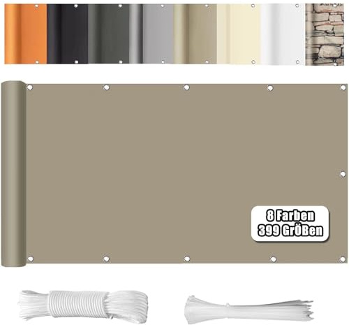 WEALSFUN Balcony Cover (390 Sizes & 8 Colours), Balcony Cladding, No Drilling, Opaque, Wind UV Protection with Eyelets, Cable Ties Cord, 65 x 350 cm, Khaki