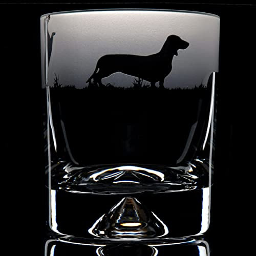 GLYPTIC GLASS ART 'Dachshund' Dog Frieze Hand Etched/Engraved Whiskey Tumbler Glass