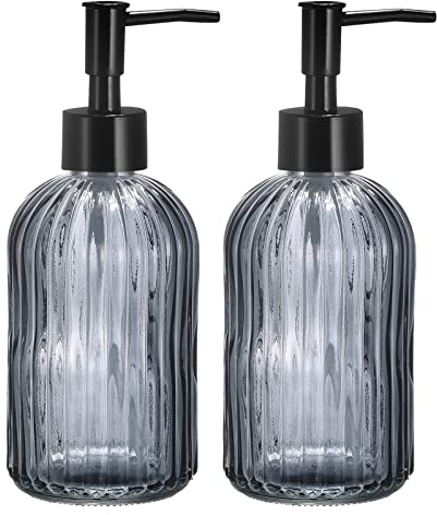 sourcing map Soap Dispensers Set - 2 Pack 13.5Oz Glass Dish Hand Soap Dispenser with Black Pump for Kitchen Bathroom, Gray