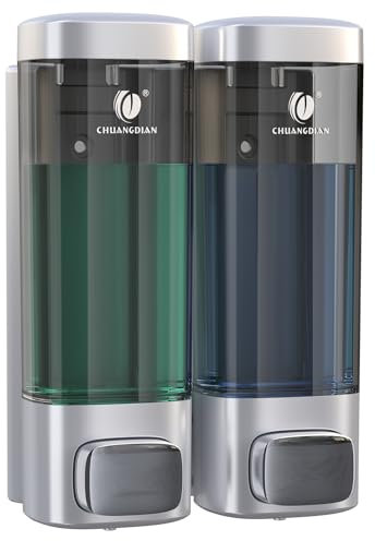 CHUANGDIAN Seifenspender Wandbefestigung ohne Bohren, Shampoo, Spülung, Duschgel, Handwäsche, Nachfüllbare Transparente Flaschen, für Badezimmerdusche,320 ml x 2 Kammern,Grau